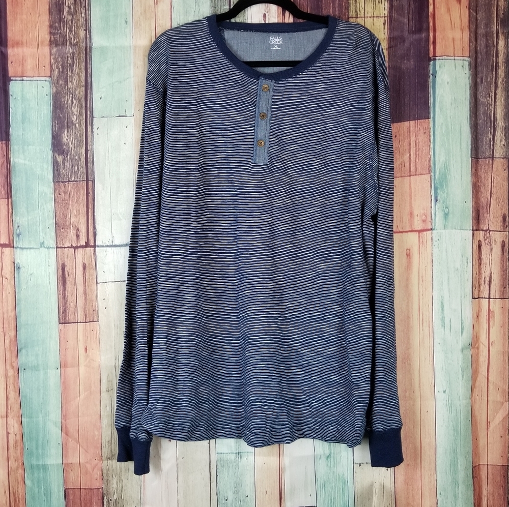 FALLS CREEK Blue and White Stripe Long Sleeve Casual Henley Tee Men's XL